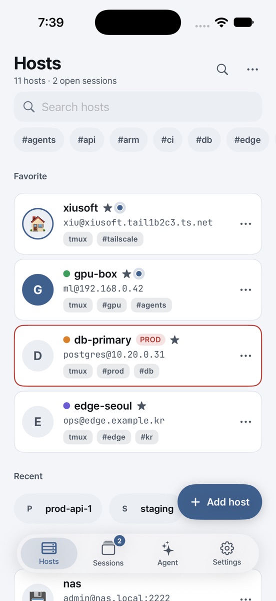 Hostliste mit Favoriten, tmux-Tags und Produktionskennzeichnung