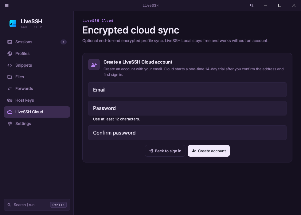 LiveSSH Cloud 가입 화면