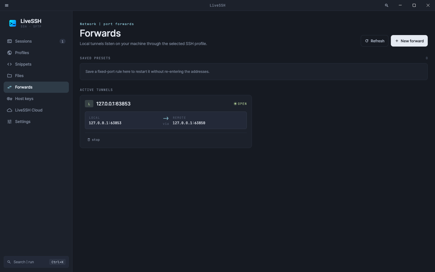 LiveSSH 포트 포워딩 화면