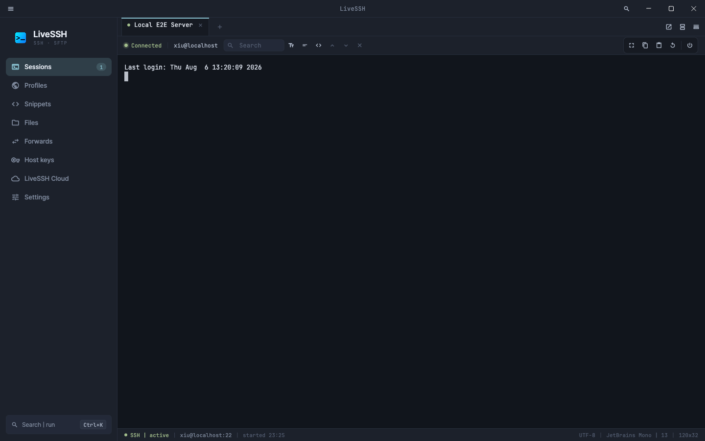 LiveSSH macOS 터미널 연결 화면